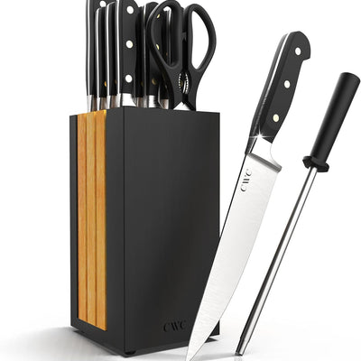 COOK WITH COLOR 14 Pieces Kitchen Knife Block Set, Knives for Kitchen, Forged Cutlery with Razor-Sharp High Carbon Steel Blades, Magnetic Block