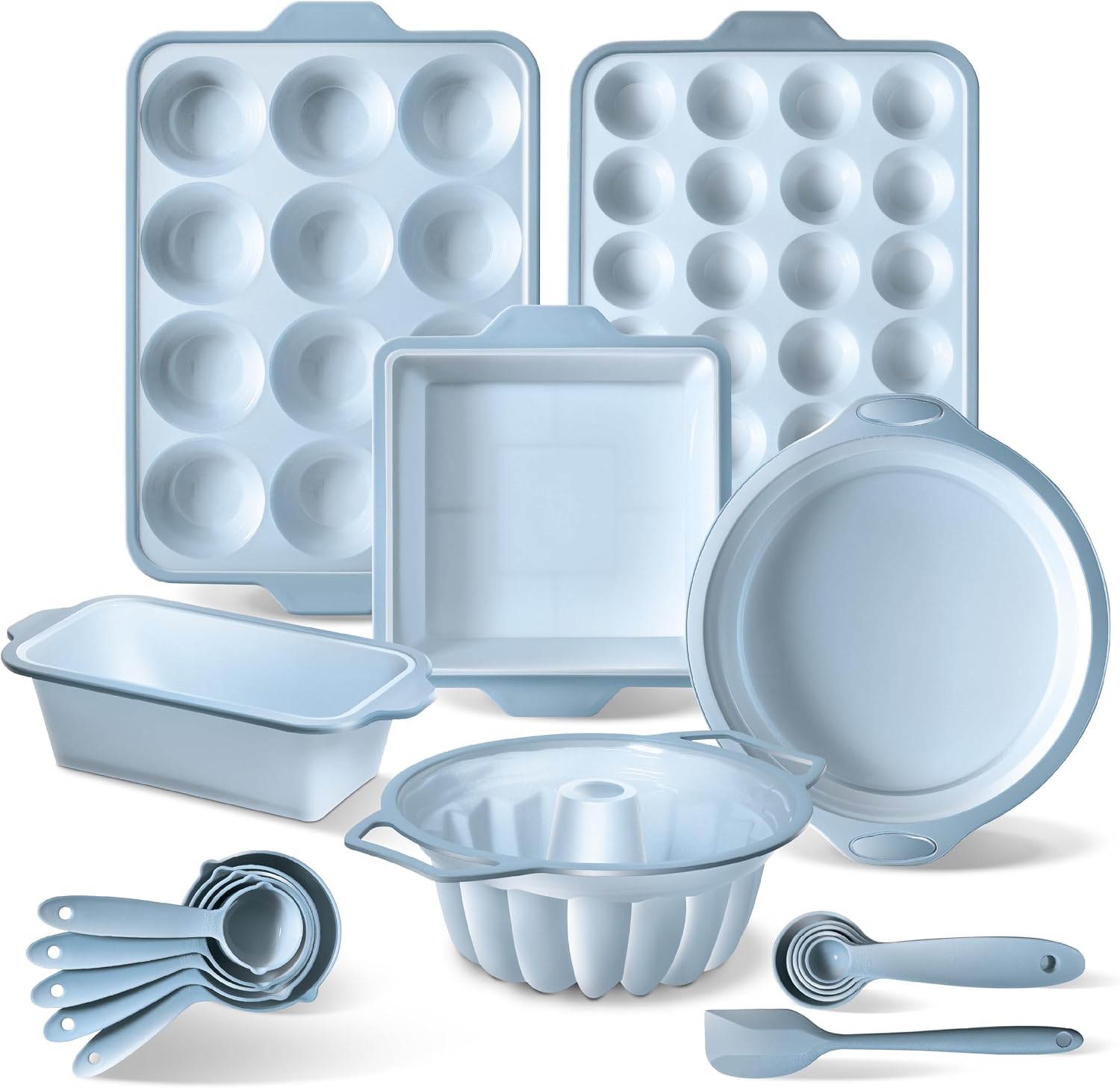 COOK WITH COLOR 17 Pc. Silicone Baking Pan Set - Non-Stick & Easy Clean Silicone Muffin Pans for Baking with Sturdy Metal Frame for Stability, Flexible Cake Molds, Includes Measuring Cups and Spoons