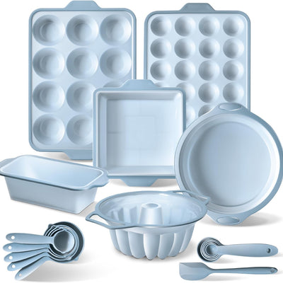 COOK WITH COLOR 17 Pc. Silicone Baking Pan Set - Non-Stick & Easy Clean Silicone Muffin Pans for Baking with Sturdy Metal Frame for Stability, Flexible Cake Molds, Includes Measuring Cups and Spoons