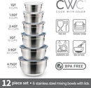 COOK WITH COLOR Stainless Steel Mixing Bowls Set with Lids - Nesting Bowls with Non-Slip Bottom, 12 Pieces