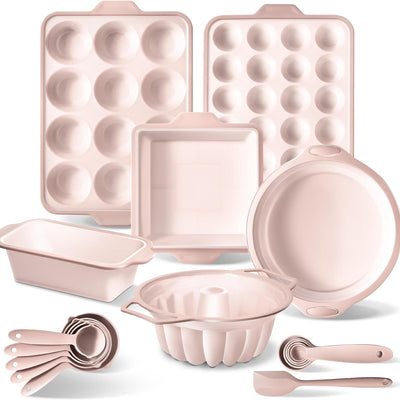 COOK WITH COLOR 17 Pc. Silicone Baking Pan Set - Non-Stick & Easy Clean Silicone Muffin Pans for Baking with Sturdy Metal Frame for Stability, Flexible Cake Molds, Includes Measuring Cups and Spoons