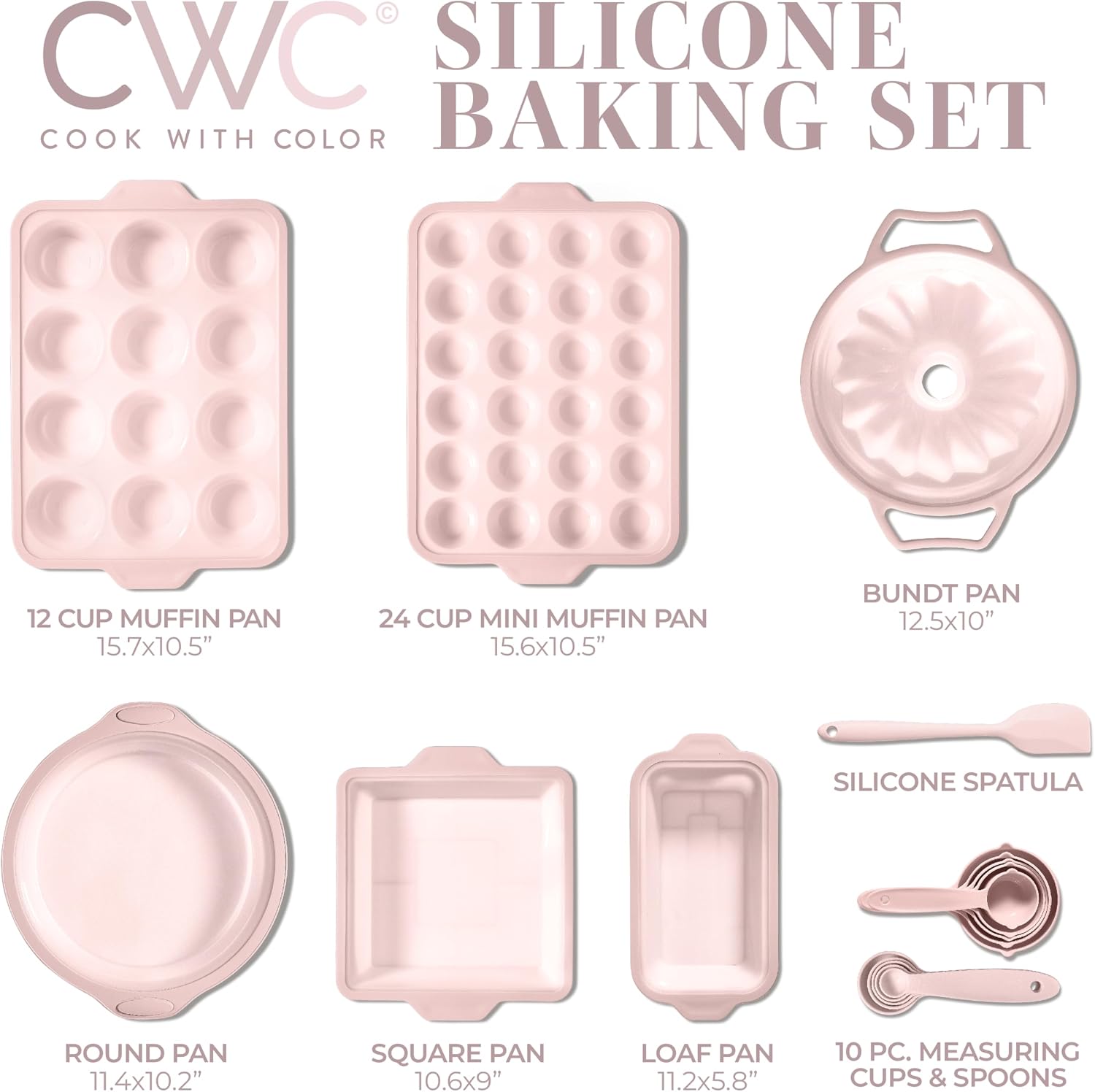 COOK WITH COLOR 17 Pc. Silicone Baking Pan Set - Non-Stick & Easy Clean Silicone Muffin Pans for Baking with Sturdy Metal Frame for Stability, Flexible Cake Molds, Includes Measuring Cups and Spoons