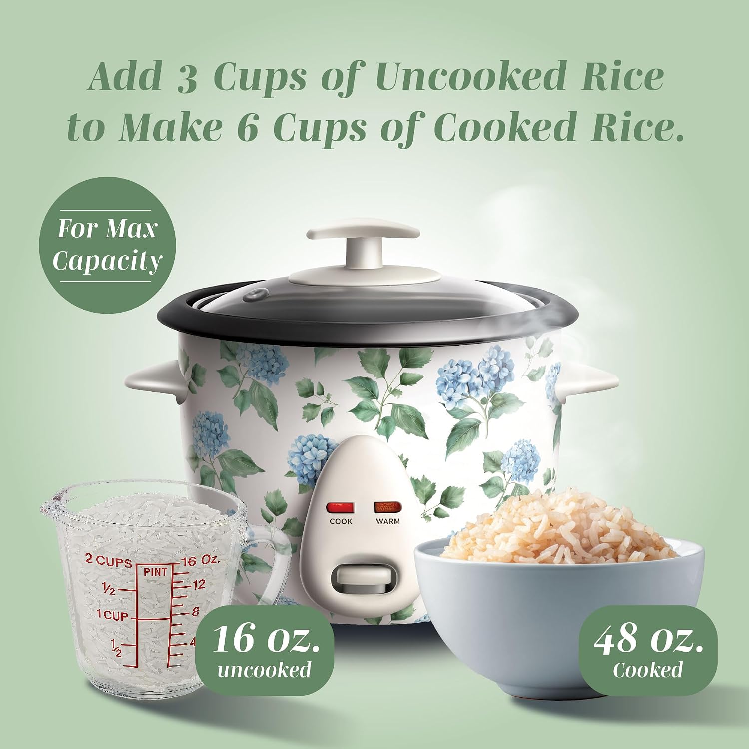 COOK WITH COLOR 6 Cup Rice Cooker 300W - Effortless Cooking and Perfectly, Cooks 3 Cups of Raw Rice for 6 Cups of Cooked Rice