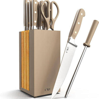 COOK WITH COLOR 14 Pieces Kitchen Knife Block Set, Knives for Kitchen, Forged Cutlery with Razor-Sharp High Carbon Steel Blades, Magnetic Block