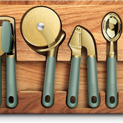 COOK WITH COLOR 6-Piece Kitchen Tool Set with Acacia Wood Cutting Board, Can Opener, Pizza Cutter, Garlic Press, Scoop & Peeler