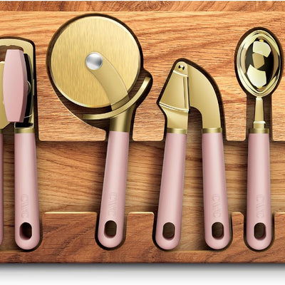 COOK WITH COLOR 6-Piece Kitchen Tool Set with Acacia Wood Cutting Board, Can Opener, Pizza Cutter, Garlic Press, Scoop & Peeler