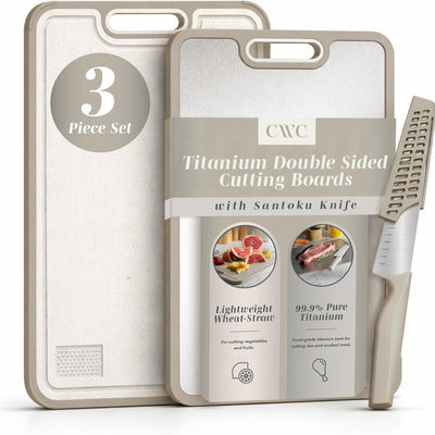 COOK WITH COLOR Titanium Cutting Board for Kitchen, 3 Pc Cutting Board Set with Knife, Double Sided Food Grade, Pure Titanium, Easy to Clean