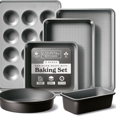 Country Kitchen 6-Piece Nonstick Carbon Steel Bakeware Set, Heavy-Duty Baking Pans, BPA & Phthalate Free