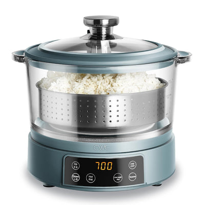 COOK WITH COLOR Glass Mini Low Carb Rice Cooker - 2 Cups Raw/6 Cups Cooked, Auto Lift Filter Basket, Hotpot & Steamer, Digital Keep Warm