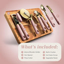 COOK WITH COLOR 6-Piece Kitchen Tool Set with Acacia Wood Cutting Board, Can Opener, Pizza Cutter, Garlic Press, Scoop & Peeler