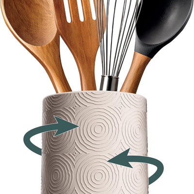 COOK WITH COLOR Spinning Ceramic Utensil Holder, Textured Matte Finish, 360° Rotating Wooden Base, BPA Free