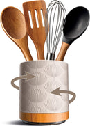 COOK WITH COLOR Spinning Ceramic Utensil Holder, Textured Matte Finish, 360° Rotating Wooden Base, BPA Free