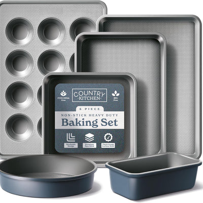 Country Kitchen 6-Piece Nonstick Carbon Steel Bakeware Set, Heavy-Duty Baking Pans, BPA & Phthalate Free