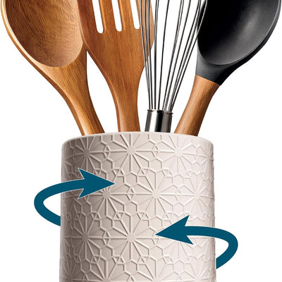 COOK WITH COLOR Spinning Ceramic Utensil Holder, Textured Matte Finish, 360° Rotating Wooden Base, BPA Free