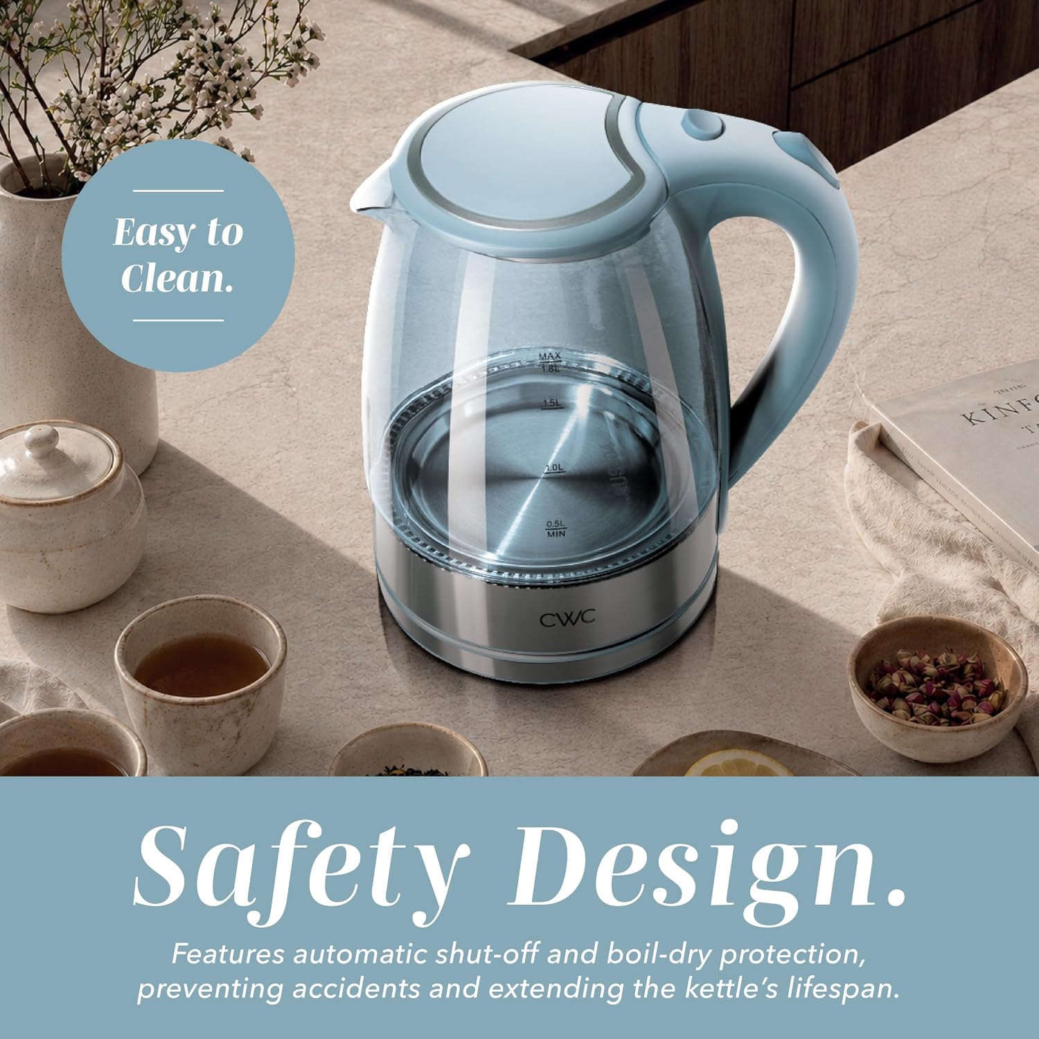 COOK WITH COLOR Electric Stained Glass Tea Kettle, 1.9L Cordless Hot Water Boiler, 1200W Rapid Boil, Auto Shutoff & Boil Dry Protection, BPA-Free, Sleek Countertop Design
