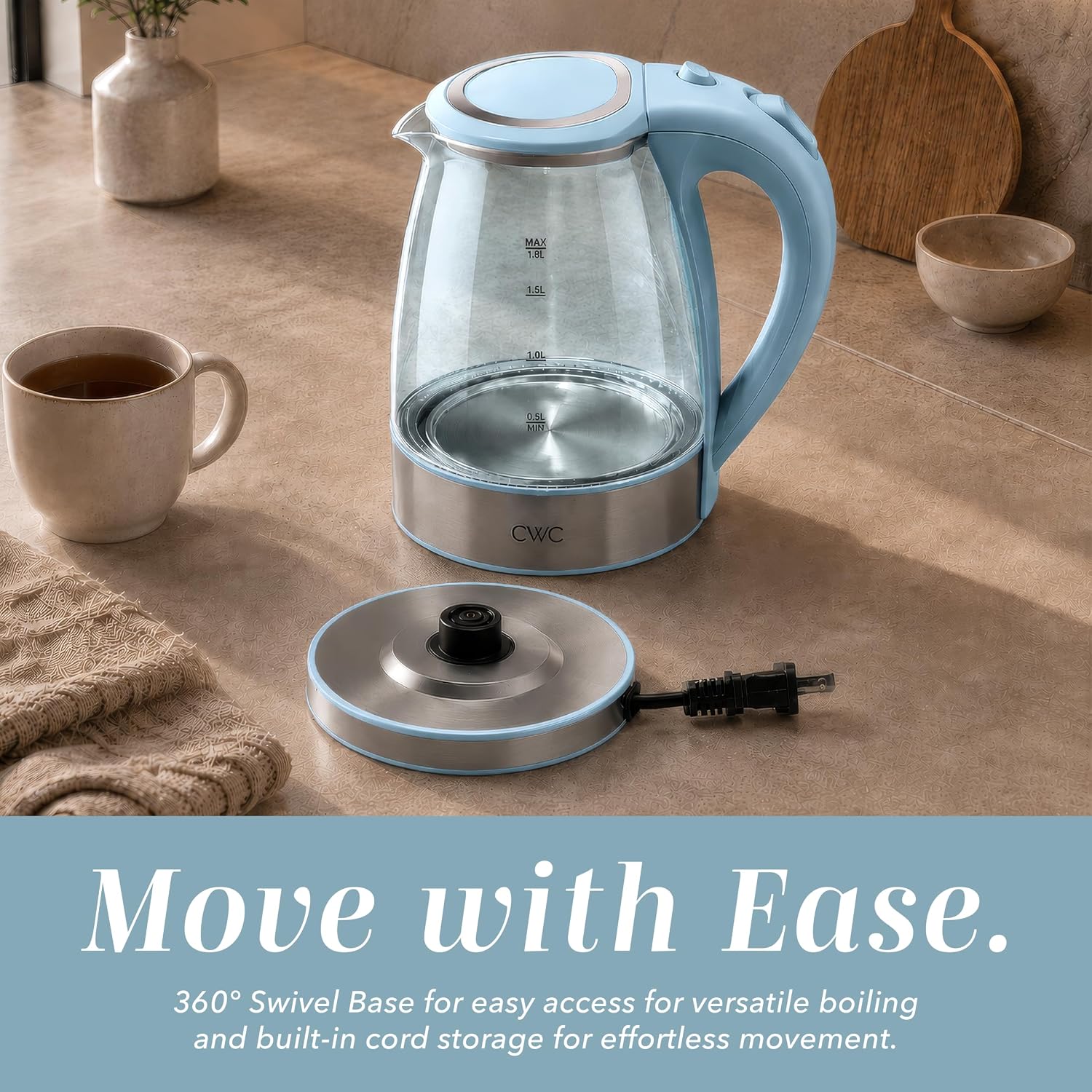 COOK WITH COLOR Electric Stained Glass Tea Kettle, 1.9L Cordless Hot Water Boiler, 1200W Rapid Boil, Auto Shutoff & Boil Dry Protection, BPA-Free, Sleek Countertop Design