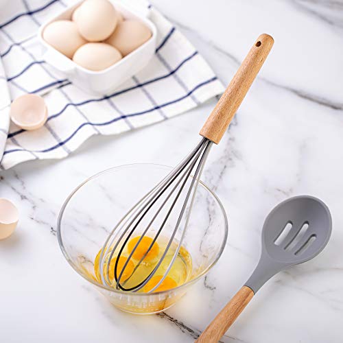 Cook With Color 5 Piece Cooking Utensil Set with Holder, Silicone Kitchen Tools and Gadgets with Wooden Handles, Whisk, Spoon, Spatula, Slotted Turner & Holder (Black and White Collection)