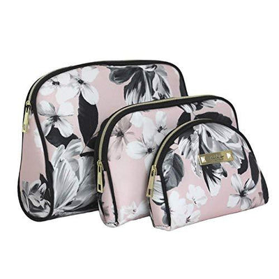 Nicole Miller 3 Pc Cosmetic Bag Set, Purse Size Makeup Bag for Women, Toiletry Travel Bag, Makeup Organizer, Zippered Pouch Set, Large, Med, Small (Pale Pink & Black Floral Print)