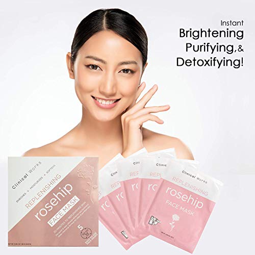 Clinical Works Pack of 5 Rosehip Face Mask Sheets with Hyaluronic Acid, DYI Spa Face Kit, Beauty Sheets, Hydrating Face Sheets for Moisturizing and Hydrating Skin