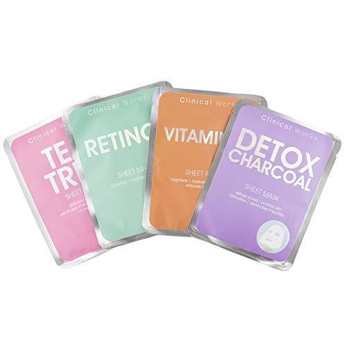 Clinical Works 4 Pack Face Mask Variety Pack, Face Sheet Masks Set Detox Charcoal, Retinol, Tea Tree & Vitamin C Face Mask Kit and Gift Set for Brightening and Exfoliating Skin, Facial Masks for Women