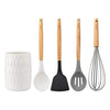 Cook With Color 5 Piece Cooking Utensil Set with Holder, Silicone Kitchen Tools and Gadgets with Wooden Handles, Whisk, Spoon, Spatula, Slotted Turner & Holder (Black and White Collection)