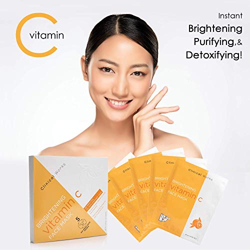Clinical Works Pack of 5 Brightening Vitamin C Face Sheets, DYI Spa Face Kit, Beauty Sheets, Hydrating Face Sheets for Moisturizing and Hydrating Skin