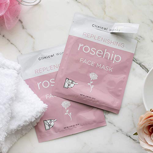 Clinical Works Pack of 5 Rosehip Face Mask Sheets with Hyaluronic Acid, DYI Spa Face Kit, Beauty Sheets, Hydrating Face Sheets for Moisturizing and Hydrating Skin