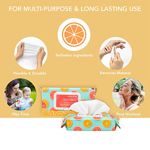 Body Prescriptions Vitamin C and Aloe Face Wipes & Makeup Remover Wipes - 2 Pack (60 Count Each) of Gentle Facial Cleansing Wipes Flip Top Pack, Citrus Scented