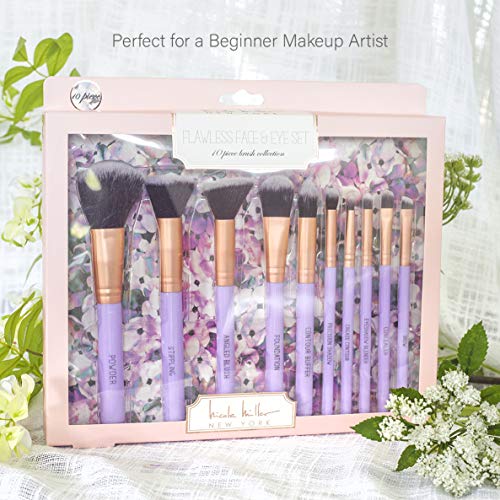 Nicole Miller Makeup Brush Collection, 10 Piece Makeup Brush Gift Set, Foundation Brushes, Face and Eye Makeup Brush Set