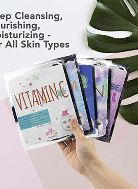 Beauty Concepts 5 Pack Face Mask, Face Sheet Masks Set Vitamin C, Collagen, Charcoal, Argan and Retinol Face Mask Kit and Gift Set, Facial Masks for Women