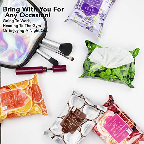 Body Prescriptions Makeup Remover Wipes Bulk, 5 Pack, 150 Facial Cleansing Cloths Removes Makeup, Mascara, Dirt and Oil (Mint, Rosehip, Vitamin C, Lavender and Coconut)