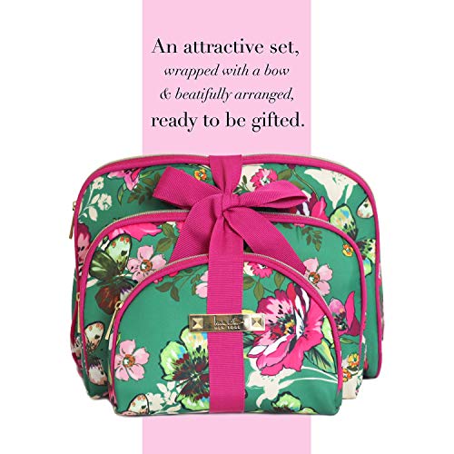 Nicole Miller 3 Pc Cosmetic Bag Set, Purse Size Makeup Bag for Women, Toiletry Travel Bag, Makeup Organizer, Zippered Pouch Set, Large, Medium, Small (Hot Pink & Green Floral Print)