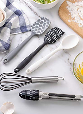 Cook With Color Set of Five MINI Kitchen Utensil Set - Silicone Kitchen Tools, Whisk, Tong, Spatula, Spoonula and Spoon (Black and White Collection)