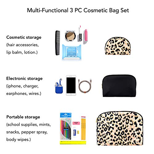 Once Upon A Rose 3 Pc Cosmetic Bag Set, Purse Size Makeup Bag for Women, Toiletry Travel Bag, Makeup Organizer, Cosmetic Bag for Girls Zippered Pouch Set, Large, Medium, Small (Black & Leopard)