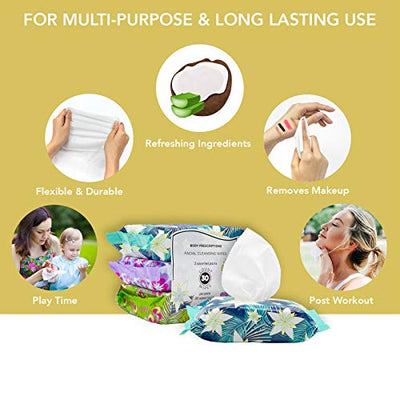 Body Prescriptions Makeup Remover Wipes Bulk, 3 Pack, 90 Facial Cleansing Cloths Removes Makeup, Mascara, Dirt and Oil (Cucumber Coconut Water, Vanilla Coconut Oil, French Lavender)
