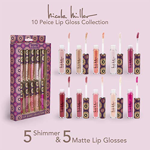 Nicole Miller 10 Pc Lip Gloss Collection, Shimmery Lip Glosses for Women and Girls, Long Lasting Color Lip Gloss Set with Rich Varied Colors