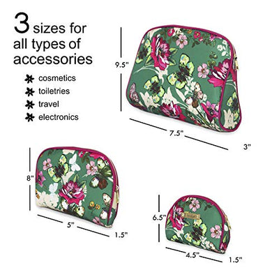 Nicole Miller 3 Pc Cosmetic Bag Set, Purse Size Makeup Bag for Women, Toiletry Travel Bag, Makeup Organizer, Zippered Pouch Set, Large, Medium, Small (Hot Pink & Green Floral Print)