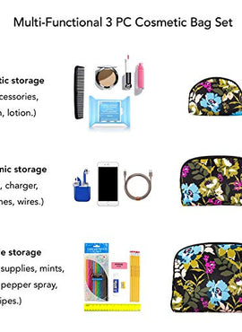 Once Upon A Rose 3 Pc Cosmetic Bag Set, Purse Size Makeup Bag for Women, Toiletry Travel Bag, Makeup Organizer, Cosmetic Bag for Girls Zippered Pouch Set, Large, Medium, Small (Blue Floral Design)