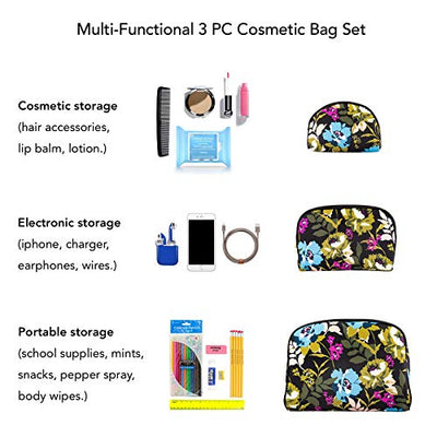 Once Upon A Rose 3 Pc Cosmetic Bag Set, Purse Size Makeup Bag for Women, Toiletry Travel Bag, Makeup Organizer, Cosmetic Bag for Girls Zippered Pouch Set, Large, Medium, Small (Blue Floral Design)