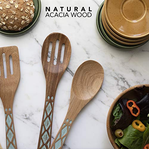 Country Kitchen 5 Piece Nonstick Utensil Set Acacia Wooden Kitchen Tools for Serving and Healthy Cooking with Black Inlay Design