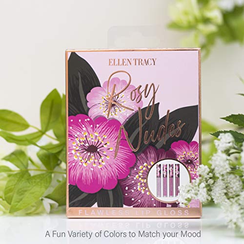 Ellen Tracy Flawless Lip Gloss Collection, 4 Piece Gift Set, Rosy Nudes, Holiday Gift Set for Women and Girls
