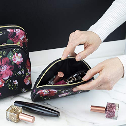 Once Upon A Rose 3 Pc Cosmetic Bag Set, Purse Size Makeup Bag for Women, Toiletry Travel Bag, Makeup Organizer, Cosmetic Bag for Girls Zippered Pouch Set, Large, Medium, Small (Black & Floral)