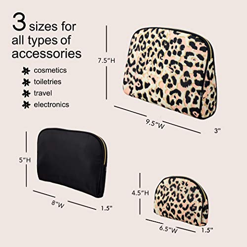 Once Upon A Rose 3 Pc Cosmetic Bag Set, Purse Size Makeup Bag for Women, Toiletry Travel Bag, Makeup Organizer, Cosmetic Bag for Girls Zippered Pouch Set, Large, Medium, Small (Black & Leopard)