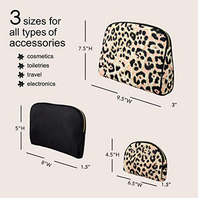 Once Upon A Rose 3 Pc Cosmetic Bag Set, Purse Size Makeup Bag for Women, Toiletry Travel Bag, Makeup Organizer, Cosmetic Bag for Girls Zippered Pouch Set, Large, Medium, Small (Black & Leopard)