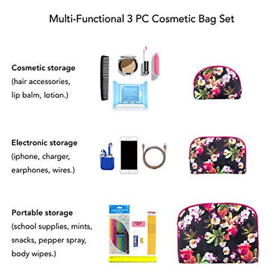 Once Upon A Rose 3 Pc Cosmetic Bag Set, Purse Size Makeup Bag for Women, Toiletry Travel Bag, Makeup Organizer, Cosmetic Bag for Girls Zippered Pouch Set, Large, Medium, Small (Hot Pink & Floral)