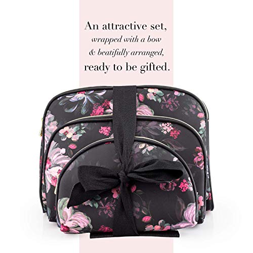 Once Upon A Rose 3 Pc Cosmetic Bag Set, Purse Size Makeup Bag for Women, Toiletry Travel Bag, Makeup Organizer, Cosmetic Bag for Girls Zippered Pouch Set, Large, Medium, Small (Pink Floral Design)