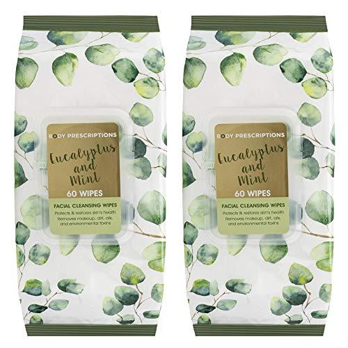Body Prescriptions 2 Pack (60 Count Each) Eucalyptus and Mint Facial Cleansing and Gentle Make Up Remover Wipes Flip Top Pack