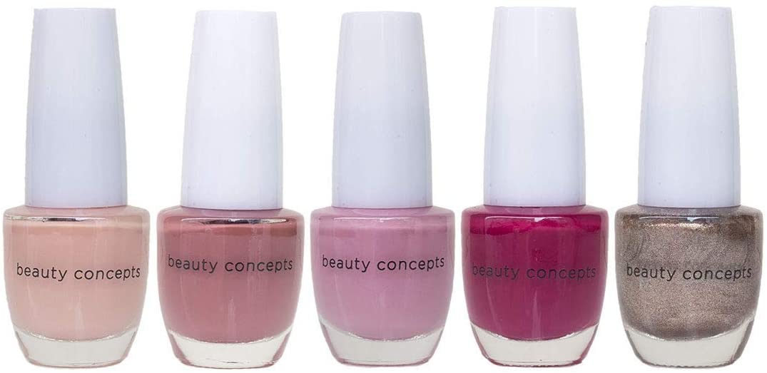 Beauty Concepts Nail Polish Collection, 5 Assorted Nail Color Shades, Includes Light to Dark Pinks and Bronze Glitter