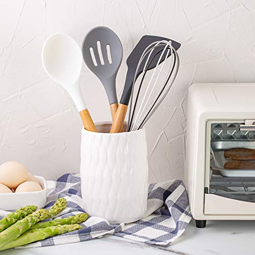Cook With Color 5 Piece Cooking Utensil Set with Holder, Silicone Kitchen Tools and Gadgets with Wooden Handles, Whisk, Spoon, Spatula, Slotted Turner & Holder (Black and White Collection)