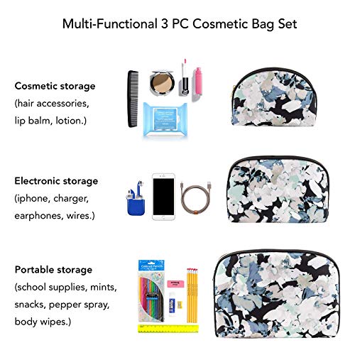 Once Upon A Rose 3 Pc Cosmetic Bag Set, Purse Size Makeup Bag for Women, Toiletry Travel Bag, Makeup Organizer, Cosmetic Bag for Girls Zippered Pouch Set, Large, Medium, Small (White Floral Design)